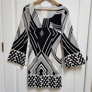 Nico LA Dress Size S Black Cream Geometric Scoop Flare Sleeve Boho Retro Artsy